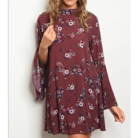Dresses & Skirts -  Wine Floral Mock Neck Dress
